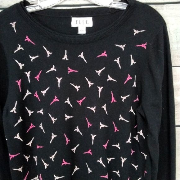 ELLE Sweater Black Eiffel Tower Soft Knit Long Sleeve Sz L Y2K Retro Whimsy - Picture 8 of 10